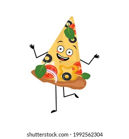 Cute pizza character with emotions dancing, smile face, arms and legs. The funny, happy or smile hero, joyful food. Vector flat illustration