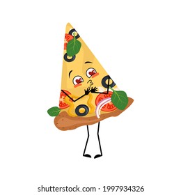 Cute pizza character falls in love with eyes hearts, kiss face, arms and legs. The funny or smile emotions food for a cafe. Vector flat illustration