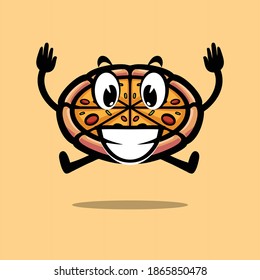 cute pizza character illustration jumping with happy face and big smile. For restaurant or street food stall logo and mascot. Isolated premium vector