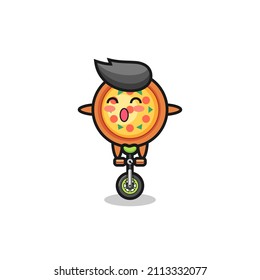 The cute pizza character is riding a circus bike , cute style design for t shirt, sticker, logo element