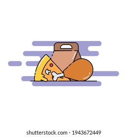 Cute pizza, chicken drumstick, and its package Illustration. modern simple food vector icon, flat graphic symbol in trendy flat design style.