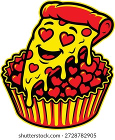 Cute Pizza Cupcake Cartoon Vector Illustration With Heart Toppings Isolated And full customizable For Sticker Logo And T-Shirt Design