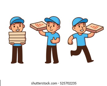 Cute pizza delivery boy illustration set. Cartoon vector character drawing.