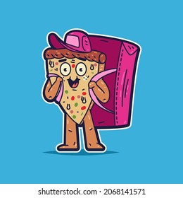 Cute pizza delivery mascot with backpack vector cartoon character isolated on background.