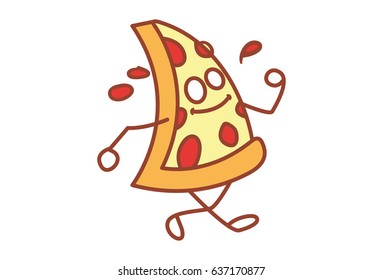 Cute Pizza happily walking. Vector Illustration. Isolated on white background.