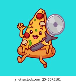 Cute Pizza Holding Pizza Cutter Cartoon Vector Icon Illustration. Food Holiday Icon Concept Isolated Premium Vector. Flat Cartoon Style