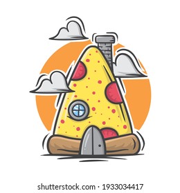 Cute pizza house with clouds hand drawn vector illustration suitable for stickers, t shirt, totebags, hat, and poster design