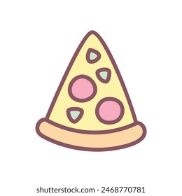 Cute pizza icon. Hand drawn illustration of a Italian pizza slice isolated on a white background. Kawaii sticker. Vector 10 EPS.