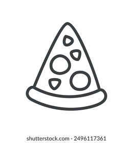 Cute pizza icon. Hand drawn monochrome illustration of a Italian pizza slice isolated on a white background. Kawaii sticker. Vector 10 EPS.