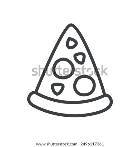 Cute pizza icon. Hand drawn monochrome illustration of a Italian pizza slice isolated on a white background. Kawaii sticker. Vector 10 EPS.