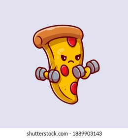 Cute Pizza Lifting Dumbbell Cartoon Vector Icon Illustration. Food Healthy Icon Concept Isolated Premium Vector. Flat Cartoon Style