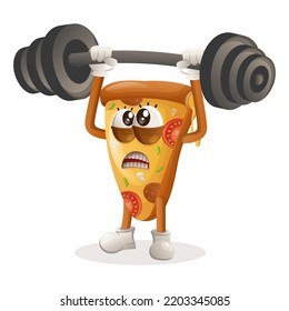 Cute pizza mascot bodybuilding with barbell flexing muscles. Perfect for food store, small business or e-Commerce, merchandise and sticker, banner promotion, food review blog or vlog channel
