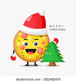 Cute pizza mascot celebrates Christmas day