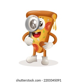 Cute pizza mascot conducting research, holding a magnifying glass. Perfect for food store, small business or e-Commerce, merchandise and sticker, banner promotion, food review blog or vlog channel
