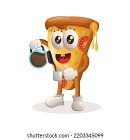 Cute pizza mascot drinking coffee, coffee time. Perfect for food store, small business or e-Commerce, merchandise and sticker, banner promotion, food review blog or vlog channel
