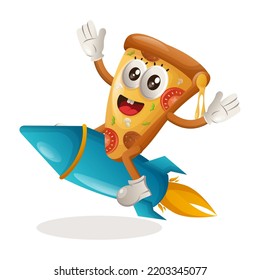 Cute pizza mascot flying on rocket. Perfect for food store, small business or e-Commerce, merchandise and sticker, banner promotion, food review blog or vlog channel
