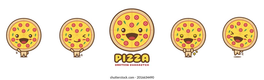 cute pizza mascot, food cartoon illustration, with different facial expressions and poses, isolated on white background