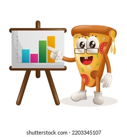 Cute pizza mascot gives report presentation, shows column graphics. Perfect for food store, small business or e-Commerce, merchandise and sticker, banner promotion, food review blog or vlog channel
