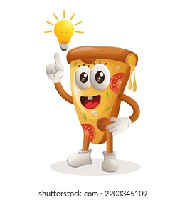 Cute pizza mascot got an idea, bulb idea, inspiration. Perfect for food store, small business or e-Commerce, merchandise and sticker, banner promotion, food review blog or vlog channel
