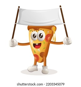 Cute pizza mascot holding blank banner. Perfect for food store, small business or e-Commerce, merchandise and sticker, banner promotion, food review blog or vlog channel
