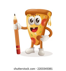 Cute pizza mascot holding pencil. Perfect for kids, small business or e-Commerce, merchandise and sticker, banner promotion, blog or vlog channel
