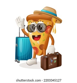 Cute pizza mascot on vacation carrying a suitcase. Perfect for food store, small business or e-Commerce, merchandise and sticker, banner promotion, food review blog or vlog channel
