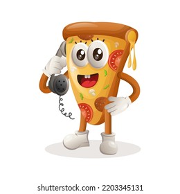 Cute pizza mascot pick up the phone, answering phone calls. Perfect for food store, small business or e-Commerce, merchandise and sticker, banner promotion, food review blog or vlog channel
