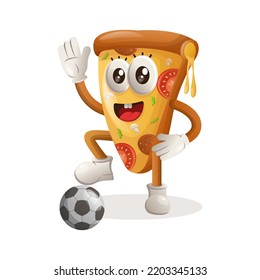 Cute pizza mascot play football, soccer ball. Perfect for food store, small business or e-Commerce, merchandise and sticker, banner promotion, food review blog or vlog channel
