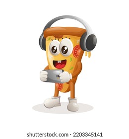 Cute pizza mascot playing game mobile, wearing headphones. Perfect for food store, small business or e-Commerce, merchandise and sticker, banner promotion, food review blog or vlog channel
