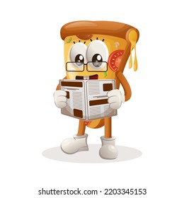 Cute pizza mascot read newspapers. Perfect for food store, small business or e-Commerce, merchandise and sticker, banner promotion, food review blog or vlog channel
