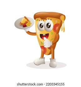 Cute pizza mascot serving desserts, waiters. Perfect for food store, small business or e-Commerce, merchandise and sticker, banner promotion, food review blog or vlog channel
