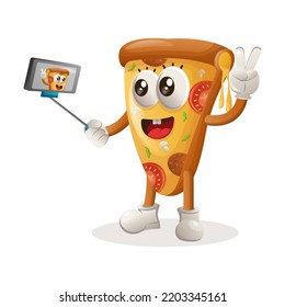 Cute pizza mascot takes a selfie with smartphone. Perfect for food store, small business or e-Commerce, merchandise and sticker, banner promotion, food review blog or vlog channel
