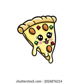 Cute Pizza Mascot Vector Icon Illustration. Pizza Sticker Cartoon Logo. Food Icon Concept White Isolated.