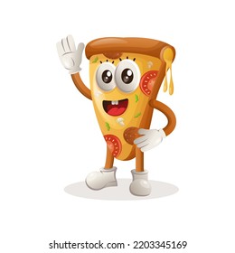 Cute pizza mascot waving hand. Perfect for food store, small business or e-Commerce, merchandise and sticker, banner promotion, food review blog or vlog channel
