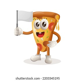 Cute pizza mascot waving white empty flag. Perfect for food store, small business or e-Commerce, merchandise and sticker, banner promotion, food review blog or vlog channel
