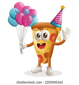 Cute pizza mascot wearing a birthday hat, holding balloons. Perfect for food store, small business or e-Commerce, merchandise and sticker, banner promotion, food review blog or vlog channel
