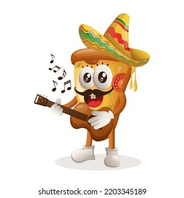 Cute pizza mascot wearing mexican hat with playing guitar. Perfect for food store, small business or e-Commerce, merchandise and sticker, banner promotion, food review blog or vlog channel
