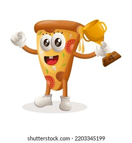 Cute pizza mascot winning award and celebrating success. Perfect for food store, small business or e-Commerce, merchandise and sticker, banner promotion, food review blog or vlog channel
