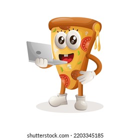 Cute pizza mascot working using a laptop. Perfect for food store, small business or e-Commerce, merchandise and sticker, banner promotion, food review blog or vlog channel
