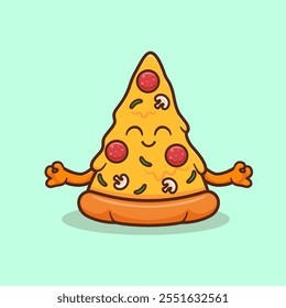 Cute Pizza Meditation Yoga Cartoon Vector Icon Illustration. 
Food Sport Icon Concept Isolated Premium Vector. Flat 
Cartoon Style