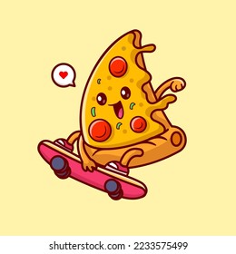 Cute Pizza Fundida Jugando Skateboard Icono Vector Ilustración. Vector Premium Aislado De Icono Del Deporte Alimentario. Estilo de dibujo plano