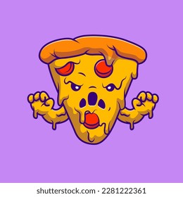 Cute Pizza Monster Zombie Cartoon Vector Icon Illustration. Food Holiday Icon Concept Isolated Premium Vector. Flat Cartoon Style