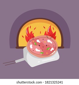 Cute pizza on a shovel ready to be baked in fire. Cartoon vector illustration.