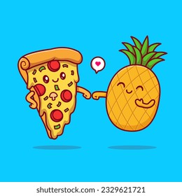 Cute Pizza and Pineapple Couple Cartoon Vector Icon Illustration. Food Fruit Icon Concept Isolated Premium Vector. Flat Cartoon Style