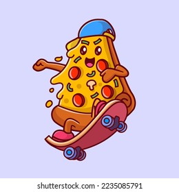 Cute Pizza Playing Skateboard Cartoon Vector Icon Illustration. Food Sport Icon Concept Isolated Premium Vector. Flat Cartoon Style