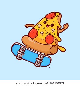 Lindo Pizza Jugando Skateboard Cartoon Vector Icon Illustration. Concepto de ícono deportivo de alimentos Vector Premium aislado. Estilo plano de dibujos animados