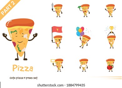 Cute pizza poses set. Vector illustration. Isolated on white background.
