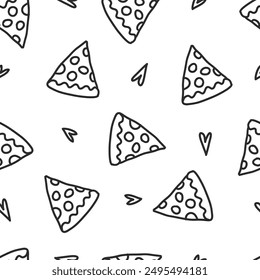 Patrón sin fisuras de pizza linda. Ilustración vectorial de garabatos. Plantilla para cubiertas de cuaderno, patrón para Fondos de pantalla, textiles o para cafés, restaurante de comida rápida. Arte vectorial dibujado a mano. comida chatarra. Arte infantil