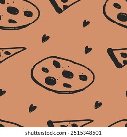 Lindo patrón de pizza sin fisuras. Ilustración vectorial doodle. Plantilla para las cubiertas del cuaderno, modelo para los Fondos de pantalla, materia textil o para el café, restaurante de la comida rápida. Arte vectorial dibujado a mano. comida chatarra. Arte infantil