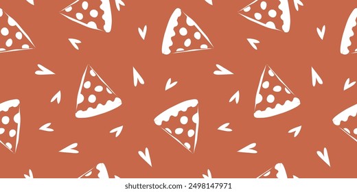 Lindo patrón de pizza sin fisuras. Plantilla para las cubiertas del cuaderno, modelo para los Fondos de pantalla, materia textil o para el café, restaurante de la comida rápida. ilustración naive infantil del arte del Vector dibujado a mano. comida chatarra